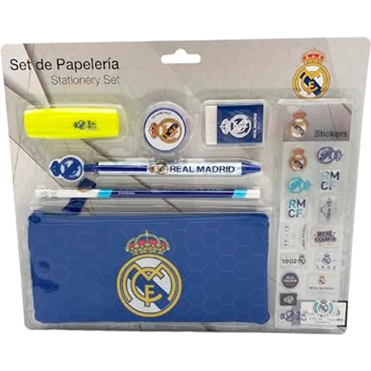 Real Madrid Federmäppchen Schulset, praktische Grundausstattung mit Bleistift, Textmarker und Aufkleberbogen