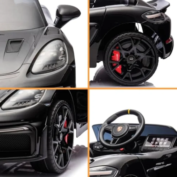 Vrooomy Porsche 718 Spyder RS, Kinder Elektroauto 12V mit Fernbedienung, schwarz, für 1 bis 5 Jahre, MP3-Player, LED-Beleuchtung, Sicherheitsgurt, offizielle PORSCHE-Lizenz – Bild 9