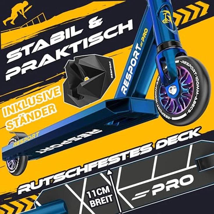RE:SPORT Revo Pro Stunt Scooter, Profi Stuntroller mit ABEC 9 Kugellagern, 110mm PU Wheels, Y-Bar und Ständer für Kinder & Erwachsene – Bild 3