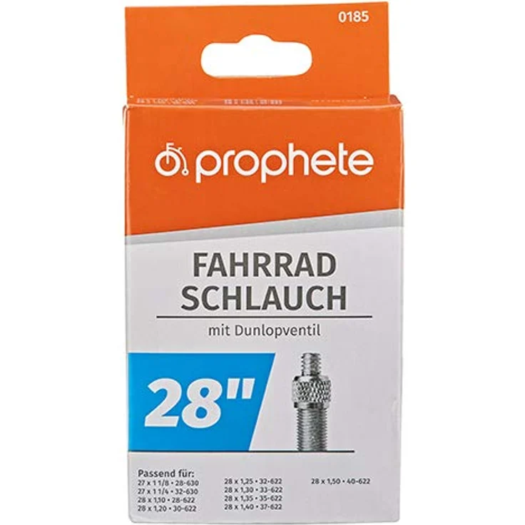 Prophete Fahrradschlauch 28"/27", Dunlopventil, ETRTO 28-630, 32-630, 28-622, 30-622, 32-622, 33-622, 35-622, 37-622, 40-622, geeignet von 27 x 1,125 Zoll bis 28 x 1,5 Zoll – Bild 2