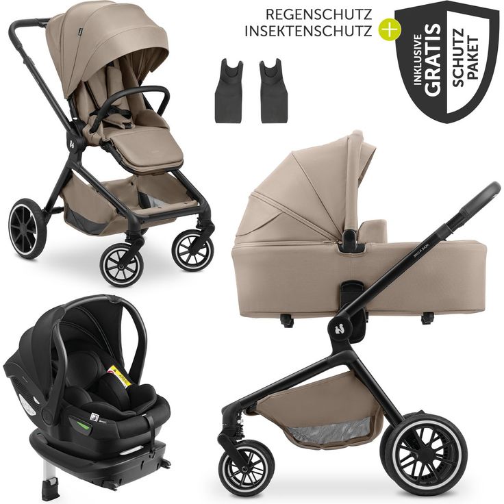 Hauck 4in1 Kinderwagen-Set Move N Care Trio Set, inkl. i-Size Babyschale Drive N Care & Isofix-Basis, XXL Zubehörset, Mocha, mit Gratis Mobilitätsgarantie