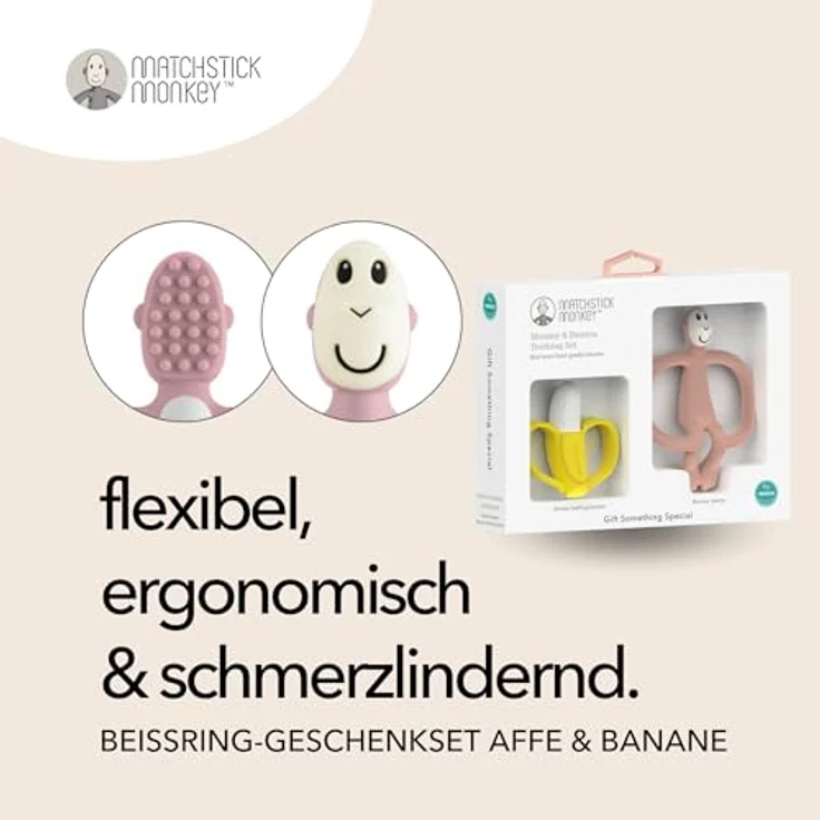 Matchstick Monkey Geschenkset Beißring 2er Set - Antimikrobielle Zahnungshilfe - BPA-frei - Banane & Affe rosa – Bild 2