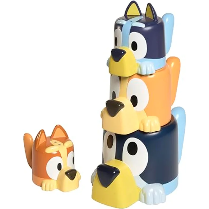 TOMY Toomies Kaffeetassen-Set mit Chilli, Bandit, Bingo und Bluey – stapelbare Badespielzeuge für Babys ab 18 Monaten, offizielles Bluey Lizenzprodukt