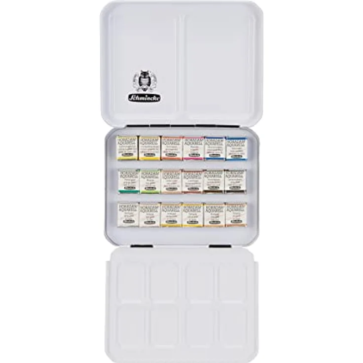 Schmincke HORADAM® AQUARELL Geschenkkasten, 18 Premium Aquarellfarben in halben Näpfchen, Holzkasten mit Metallkasten, einschließlich 6 Goldtönen – Bild 3