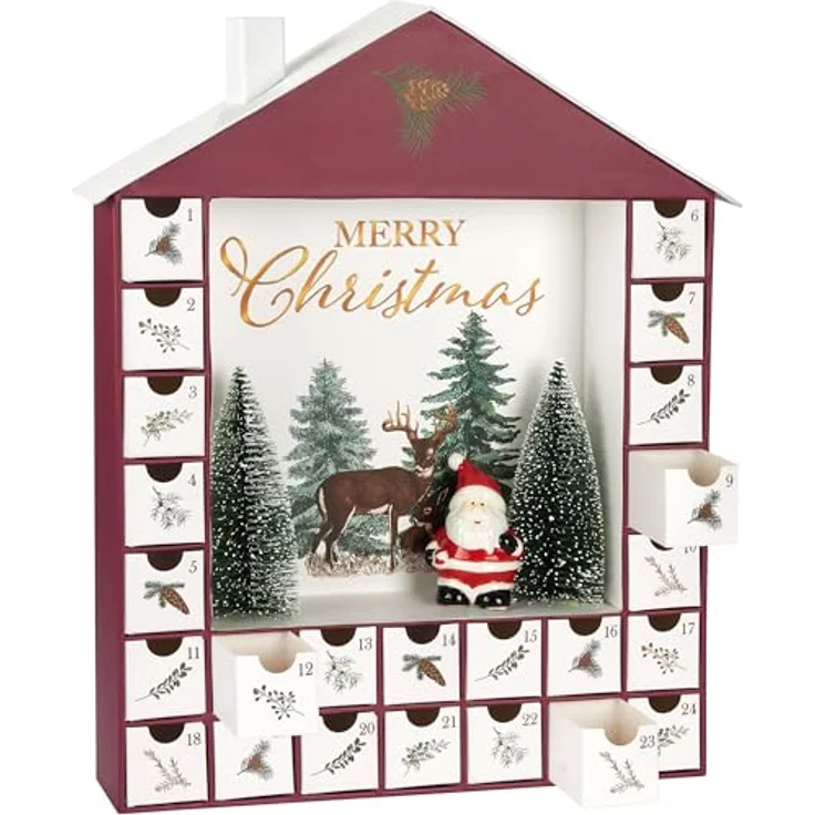 BRUBAKER Adventskalender zum Befüllen - Haus 2025 - bordeauxroter DIY Weihnachtskalender mit Keramik Weihnachtsmann, 24 Schubfächer für Gutscheine und Süßigkeiten, 44 cm hoch – Bild 1