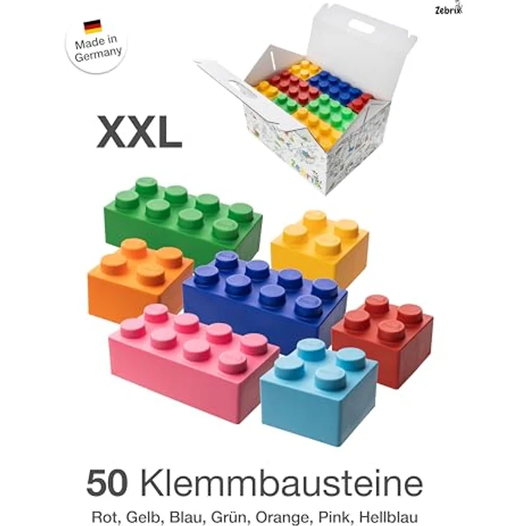 Zebrix XXL 50 Klemmbausteine 7 Farben I Große Bausteine in Pink, Hellblau, Orange, Rot, Grün, Blau und Gelb - (50 Steine) I Für Babys & Kinder I Made in Germany – Bild 7