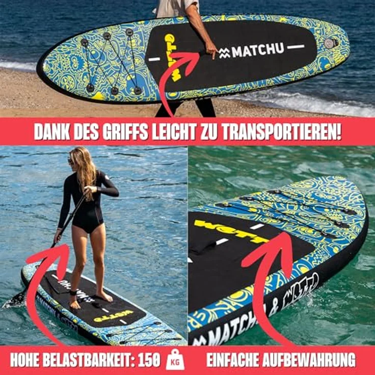 MATCHU Aufblasbares SUP Board, Limited Edition mit Wotto Collection Design, 320x81x15 cm, 150 kg belastbar, Komplettset mit Zubehör, UV-Drucktechnologie, Zertifikat inklusive – Bild 4