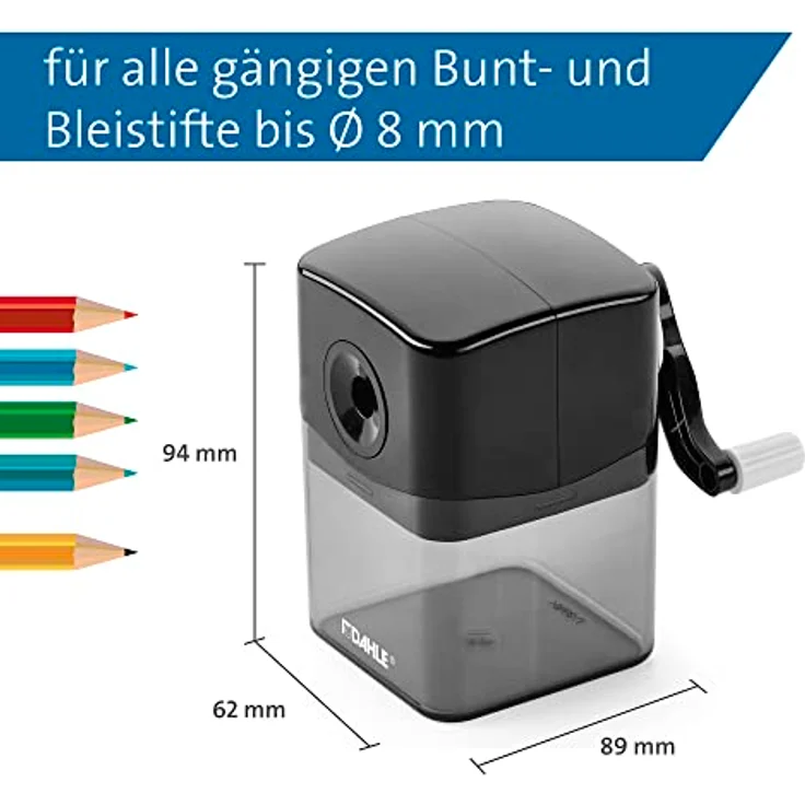 DAHLE Bleistiftspitzmaschine 144, schwarz, für Stifte von 6,5 bis 8 mm, automatischer Spitzstopp, Stahlfräser, manuelle Bedienung – Bild 2