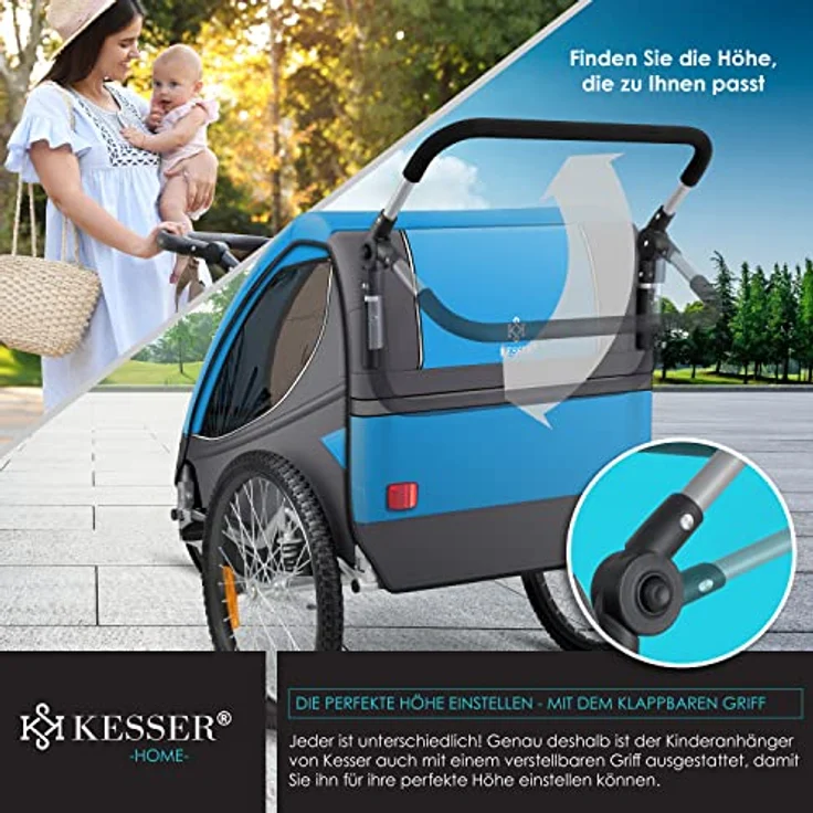 KESSER® Cruiser Kinderanhänger Fahrradanhänger 360° Drehbar mit Federung 2in1 Joggerfunktion Kinderfahrradanhänger + 5-Punkt Gurt Jogger Fahrrad Anhänger für 1 bis 2 Kinder max. 40kg Blau – Bild 9