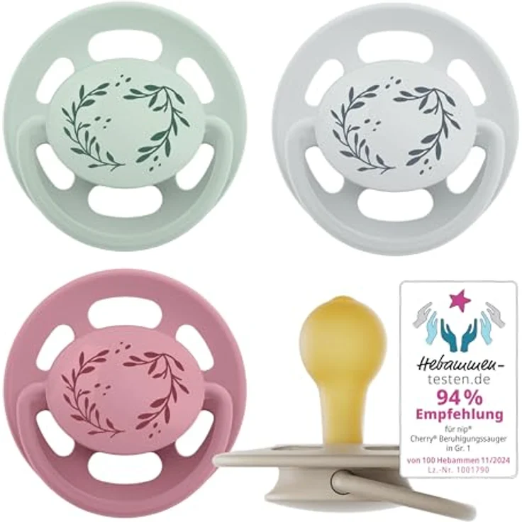 nip Schnuller Cherry Greenline, Beruhigungssauger im 4er Set, runde Kirschformschnuller mit extra dünnem Schaft, Latex, für 0-6 Monate, BPA-frei – Bild 1