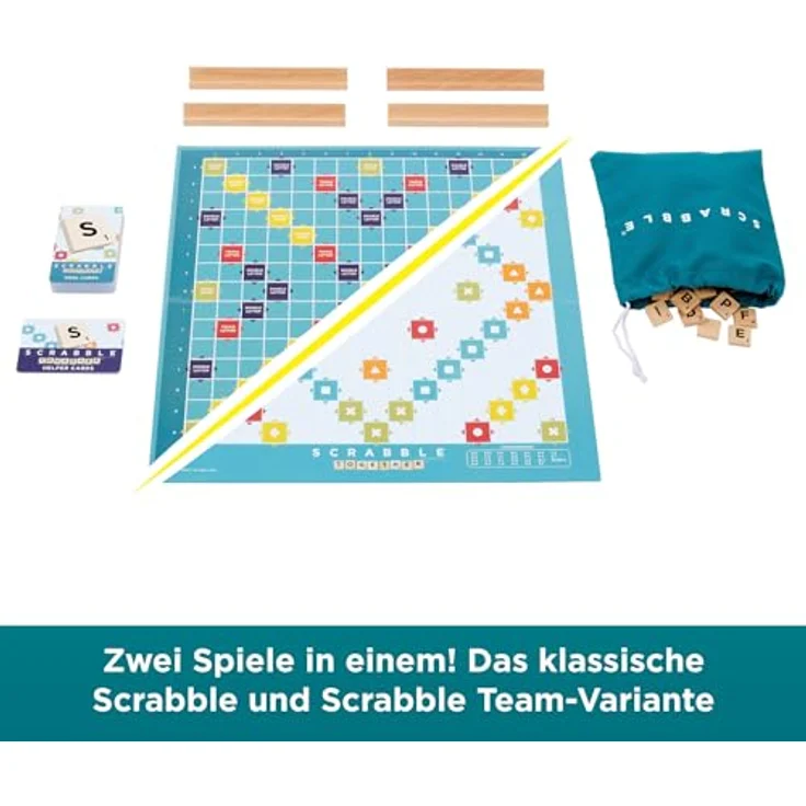 Mattel Games Scrabble Brettspiel, klassisches Familienwortspiel mit Buchstabensteinen und Holzbank, zwei Spielmöglichkeiten inklusive Scrabble Together, deutsche Ausgabe, JGR62 – Bild 3