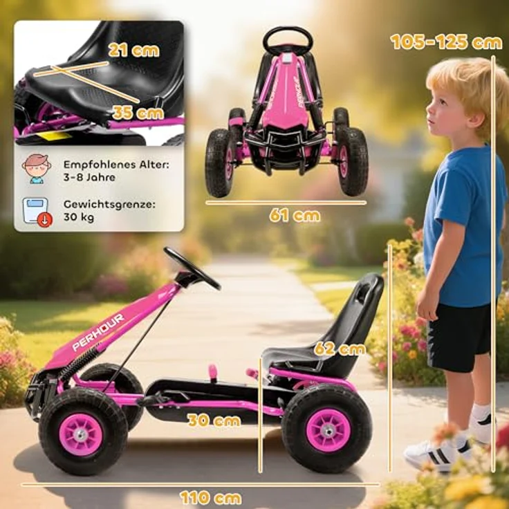 AIYAPLAY Go-Kart Tretauto, mit Handbremse und verstellbarem Sitz, für Kinder 3-8 Jahre, rosa, Pedalantrieb – Bild 7