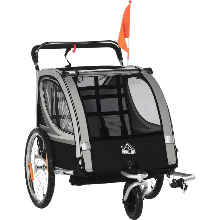 MH Handel GmbH Kinderfahrradanhänger 2-in-1, klappbar für 2 Kinder, mit Bremsen, grau/schwarz