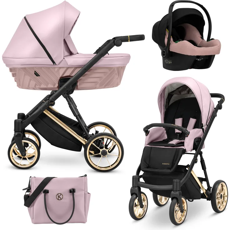 Kunert IVENTO PREMIUM 3in1 Kinderwagen mit Goldrahmen und großer Babywanne, Rosa