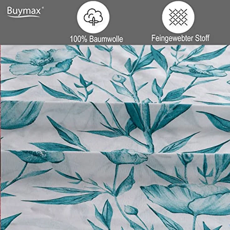 Buymax Bettwäsche 135x200 Baumwolle 2-Teilig Bettgarnitur mit Bettbezug und Kissenbezug 80x80 Renforce Bettwäsche-Set Botanisch Geblümt Blumen-Muster Blätter, Petrol Grün – Bild 3