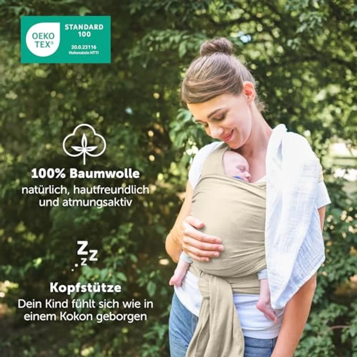 Laleni Tragetuch für Neugeborene, 5,10 m lang aus OEKO-TEX zertifizierter Baumwolle, ergonomisch, beige, für Babys bis 15 kg – Bild 3