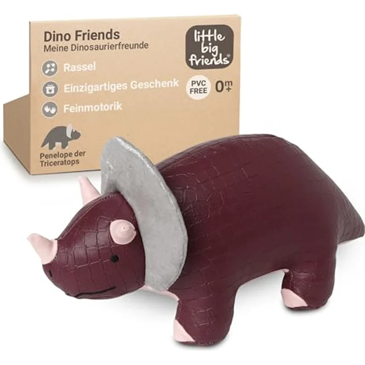 Little Big Friends Penelope der Triceratops, Sensorisches Kuscheltier aus veganem Leder mit Farben, Texturen und bimmelnder Glocke, leicht zu reinigen – Bild 2