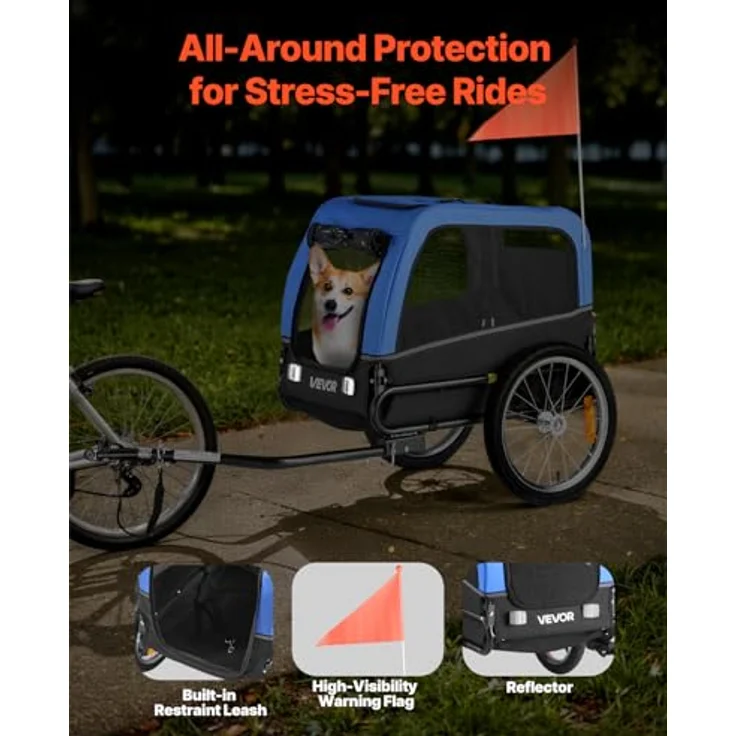 VEVOR Hundeanhänger PTS101, faltbarer Fahrradanhänger für kleine & mittelgroße Hunde bis 30 kg, universelle Kupplung, Wetterschutz, Reflektor und interne Leine – Bild 6