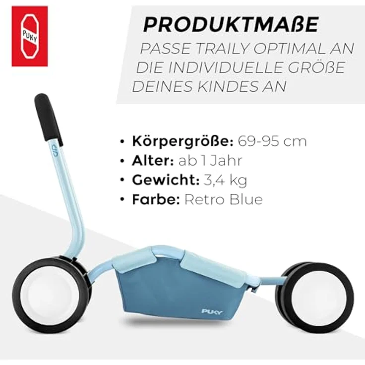 Puky Lauflernhilfe Traily, Retro-Blue, mit höhenverstellbarer Schiebestange und leisen Whisper Wheels – Bild 3