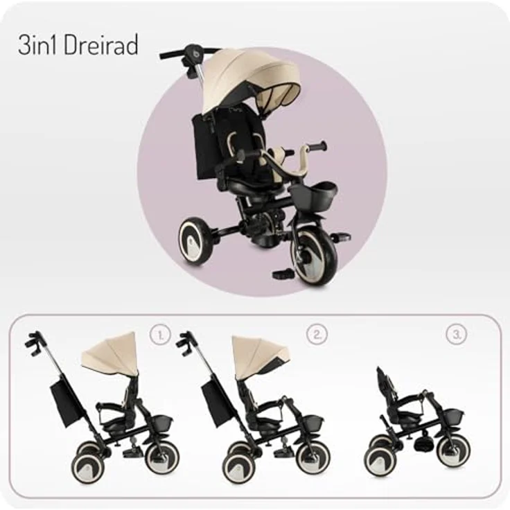 MoMi IVI 3-in-1 Kinderdreirad, beige, mit 360° drehbarem Sitz, Schiebestange & Sonnendach, 3-Punkt-Gurt, PU-Räder – Bild 5