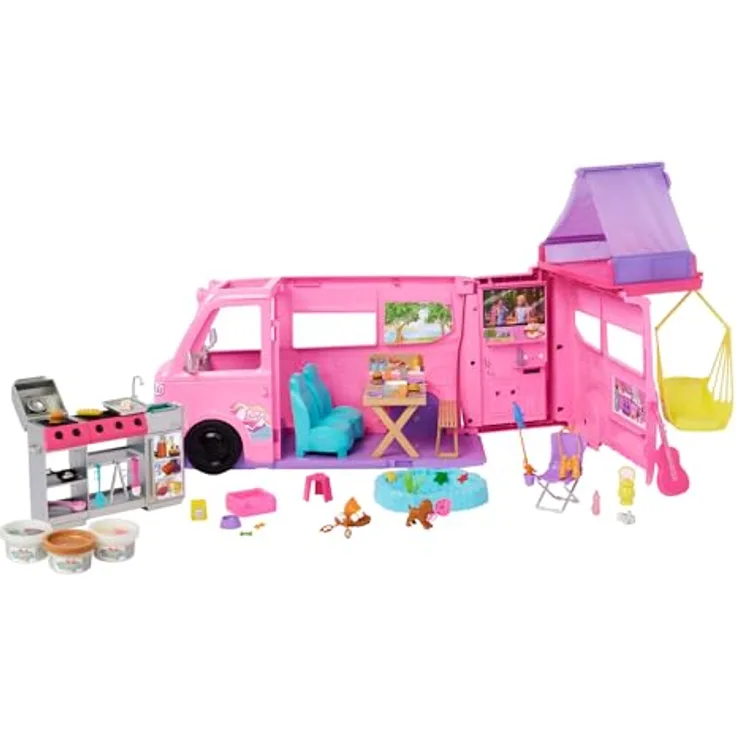Barbie Super Abenteuer Camper, Spielzeugauto mit 7 Spielbereichen und 60+ Zubehörteilen