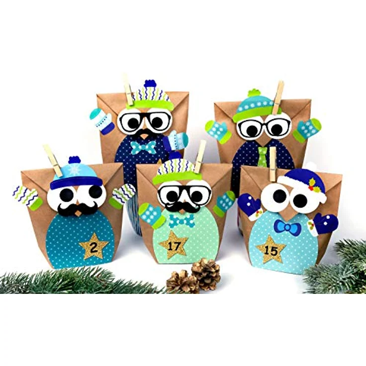 Papierdrachen DIY Adventskalender zum Befüllen - Weihnachtseulen - Eulen Weihnachten - Set Blau mit zusätzlichen Aufklebern - zum selbst basteln - für Kinder - für Jungs – Bild 3
