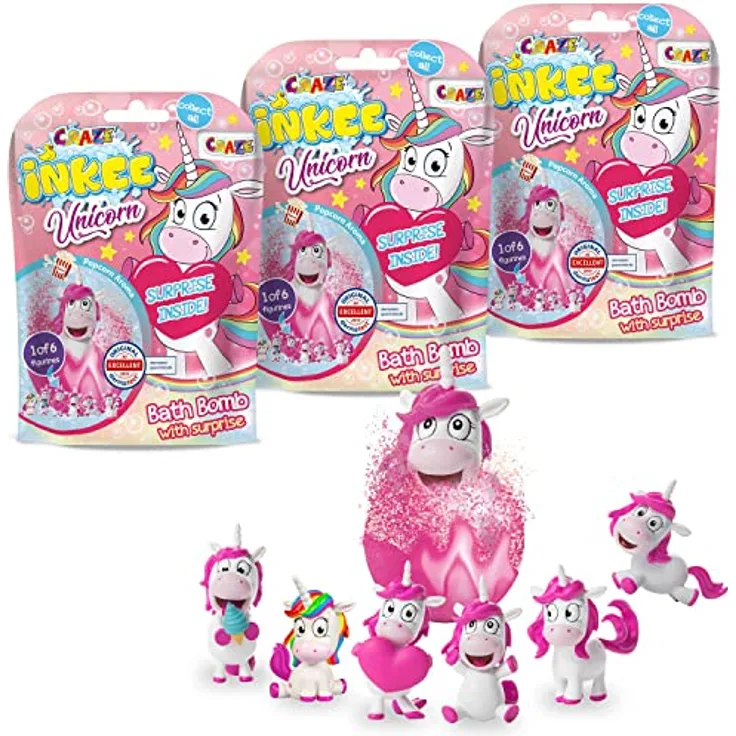 Craze INKEE Unicorn | 3er Set Badebomben Kinder mit Überraschung, Badekugeln 3X 100g mit Einhornfiguren, Pop-Corn Duft