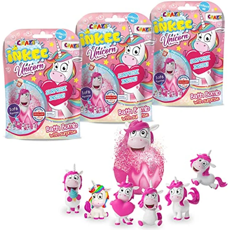 Craze INKEE Unicorn | 3er Set Badebomben Kinder mit Überraschung, Badekugeln 3X 100g mit Einhornfiguren, Pop-Corn Duft – Bild 1