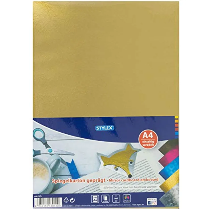 Stylex 43011 - Spiegelkarton geprägt, 5 Designs sortiert, einseitig veredelt, DIN A4, 10 Blatt 245 g/m², Bastelkarton mit Spiegeleffekt ideal zum Basteln und Verzieren