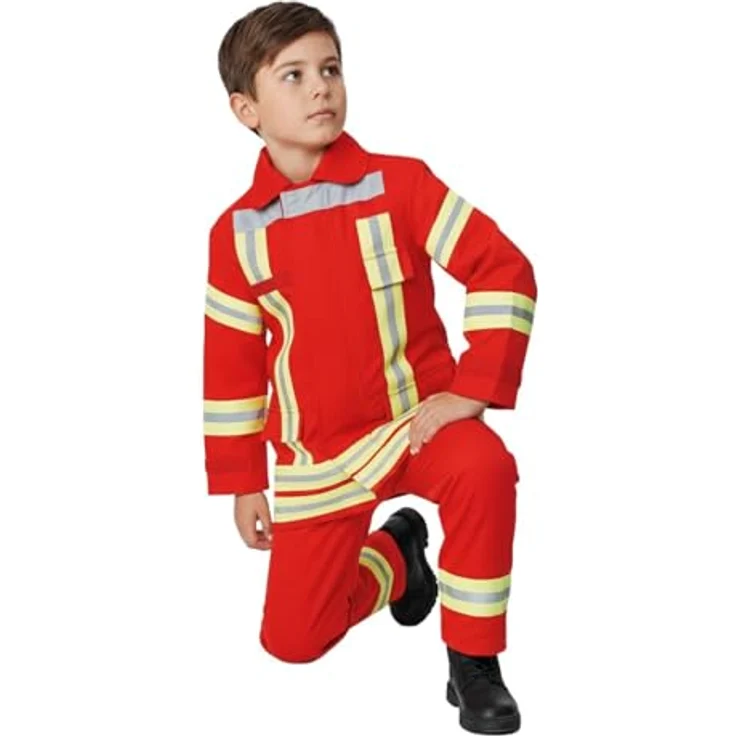 Maskworld Realistisches Feuerwehrmann-Kostüm für Kinder, rote Jacke & Hose, Größe 104, ideal für Karneval & Geburtstagsparty – Bild 2