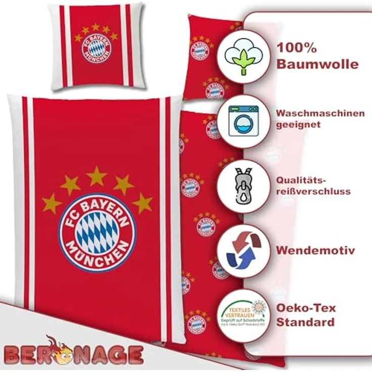 FC Bayern München Bettwäsche Mia San Mia 135 x 200 cm + 80 x 80 cm 100% Baumwolle Renforcé-Linon-Qualität Rekord-Meister Berni Alianz Arena Fußball FCB deutsche Größe mit Reißverschluss, rot weiß – Bild 3