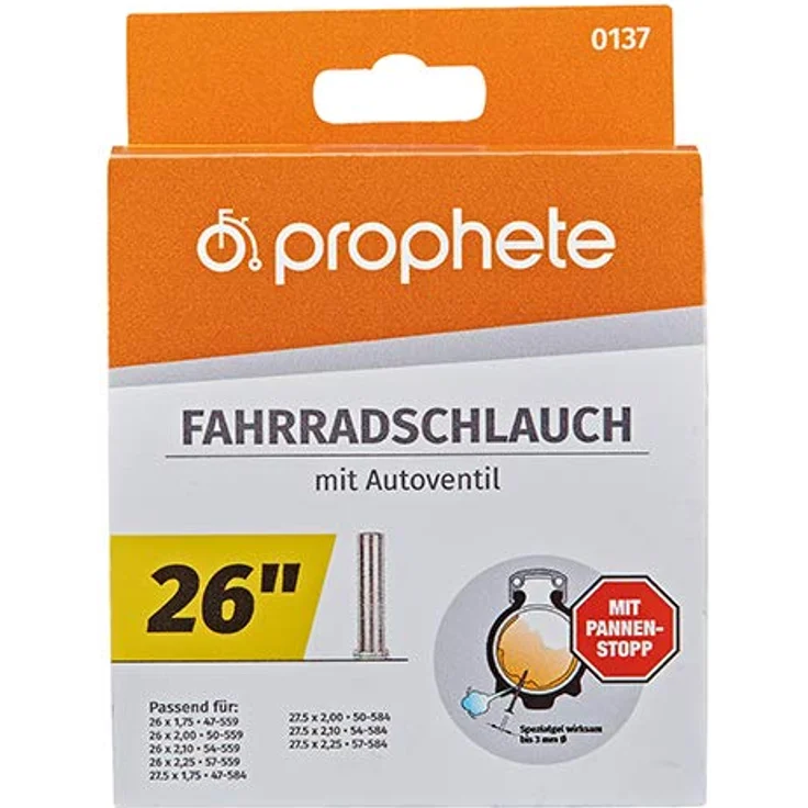 Prophete Fahrradschlauch 26 Zoll / 27,5 Zoll | Autoventil | Pannenstopp | ETRTO 47-559, 50-559, 54-559, 57-559, 47-584, 50-584, 54-584, 57-584 | geeignet von 26 x 1,75 Zoll bis 27,5 x 2,25 Zoll – Bild 3