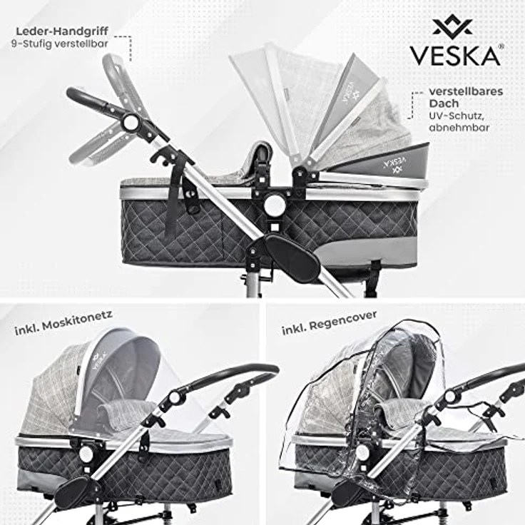 VESKA 3 in 1 Kombi-Kinderwagen inkl. Babyschale, Buggy, Jogger mit Wickeltasche, Moskitonetz, Regencover, Spieltisch, Autoschale Fußsack, QuickFold, Aluminiumrahmen (Silber - anthrazit/grau) – Bild 5