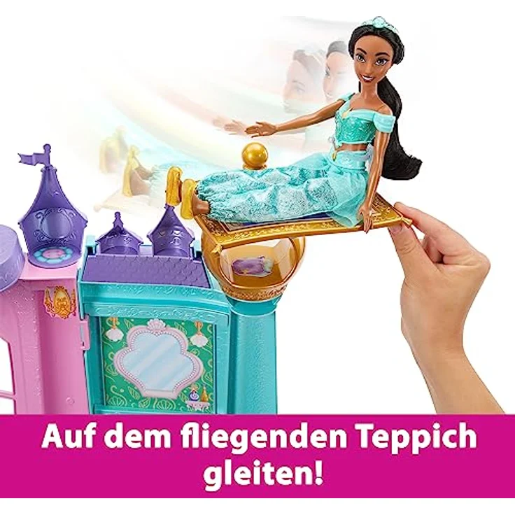 DISNEY Princess - Magisches Abenteuerschloss -Puppenhaus, 10 Spielbereiche, magische Licht- und Geräuscheffekte, fliegender Teppich, 28 Einrichtungsgegenstände, für Kinder ab 3 Jahren, HLW29 – Bild 4