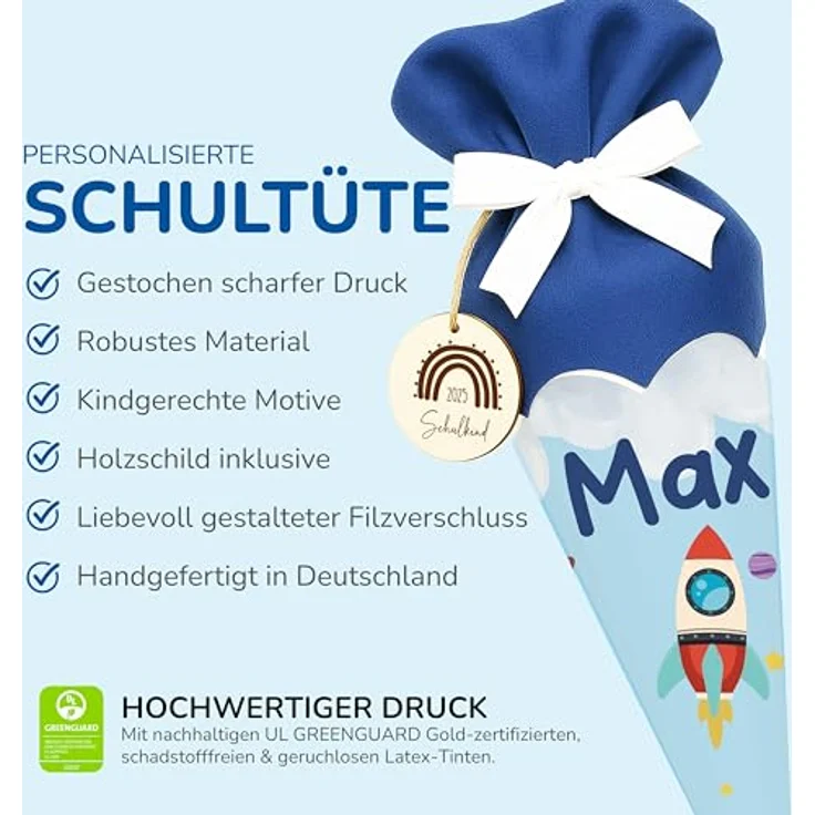 Kidsmood Raketen Schultüte, personalisierbares Bastelset mit Rohling, Stoff & Holzschild für Einschulung 2026, cooles Rakete Design – Bild 3