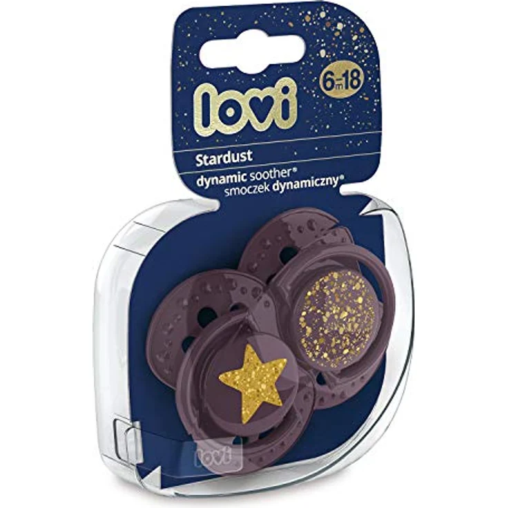 LOVI Schnuller 6-18 Monate, Silikon, BPA-frei, Hygieneschutzhülle, Stardust Kollektion, 2 Stück, Violett – Bild 2