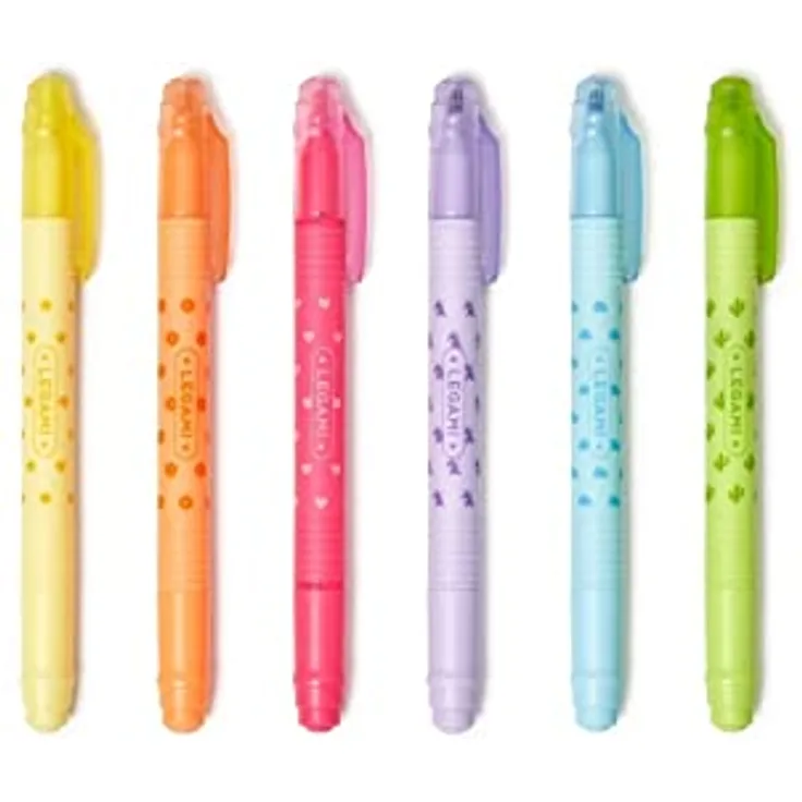 Legami - Set mit 6 abwischbaren Textmarkern, Magic Highlighters, Doppelspitze zum Markieren und Löschen, geeignet für feine und dicke Striche, in Gelb, Orange, Rot, Lila, Hellblau, Grün - Preisvergleich