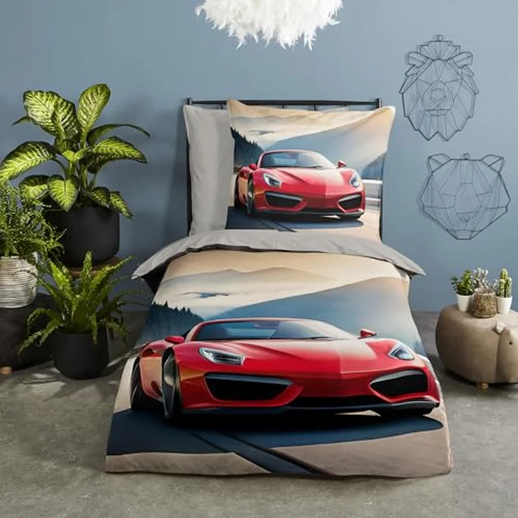 Good Morning Kinder-Wendebettwäsche Cabrio Renforcé, rot, 135x200 cm mit Motiv und Marken-Reißverschluss, 100% Baumwolle – Bild 2