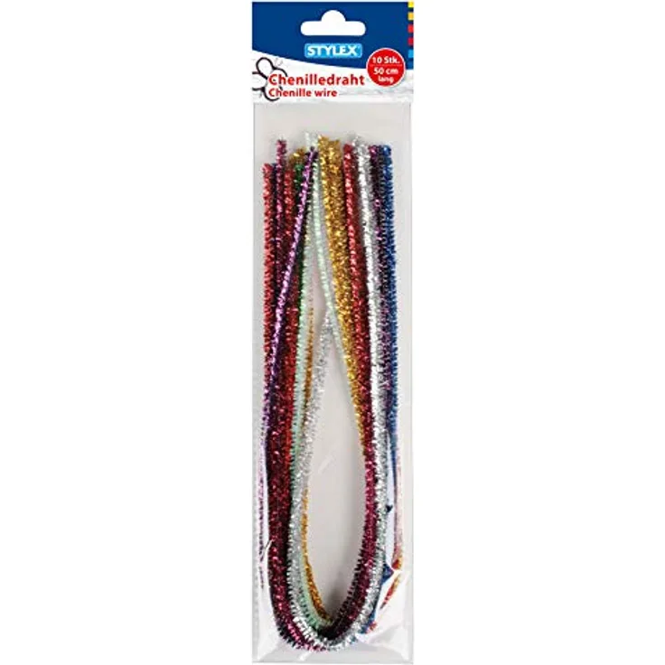 Stylex 46742 - Chenilledraht mit Glitter, Pfeifenreiniger, 10 Stück mit einer Länge von 50 cm, sortiert in 10 Farben, geeignet zum vielseitigen Basteln