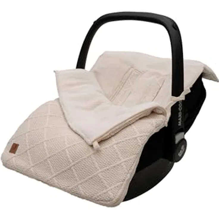Jollein Fußsack Check Knit, Oatmeal - Fleece gefüttert, für Babyschale & Kinderwagen, Strickmuster, 3-Punkt- und 5-Punkt-Gurt