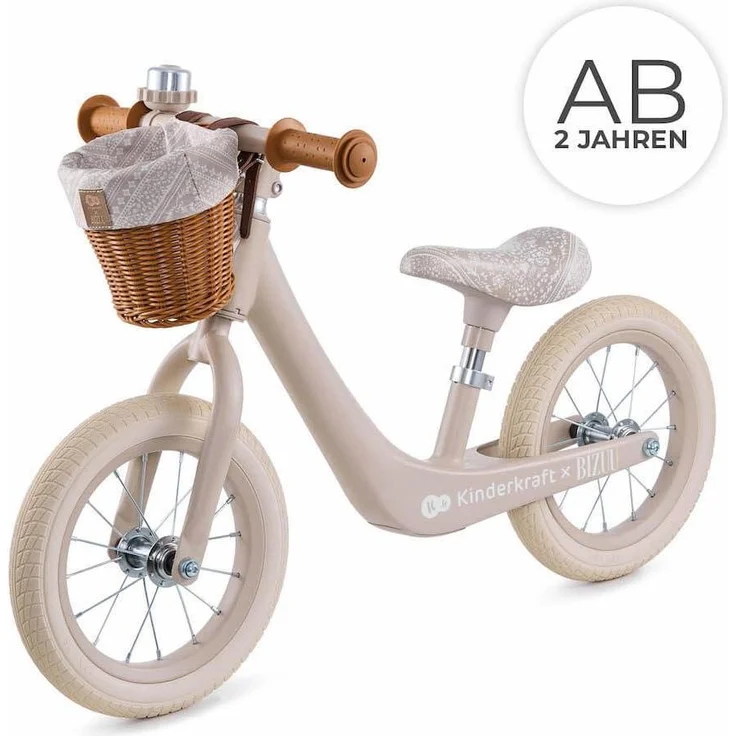 KinderKraft Balance Bike Rapid 2 BIZUU Kollektion, Laufrad für Kinder 2-5 Jahre, höhenverstellbarer Sattel, magnesiumlegierter Rahmen, pannensichere Räder, Retro-Design mit Lenkerkorb und Klingel