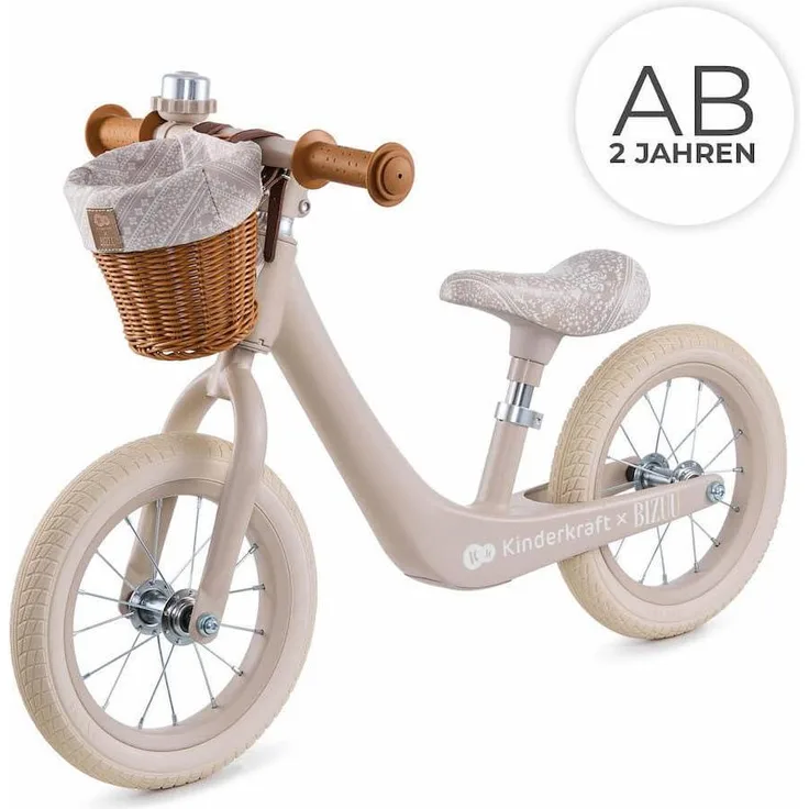 KinderKraft Balance Bike Rapid 2 BIZUU Kollektion, Laufrad für Kinder 2-5 Jahre, höhenverstellbarer Sattel, magnesiumlegierter Rahmen, pannensichere Räder, Retro-Design mit Lenkerkorb und Klingel