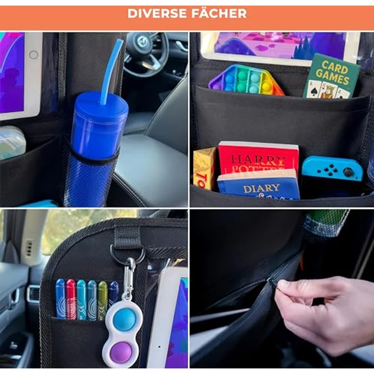 Huckaboo Autositz Organizer, Rücksitz-Organizer mit Tablet-Fach, 6 Taschen & Rückenlehnenschutz, Schwarz – Bild 5
