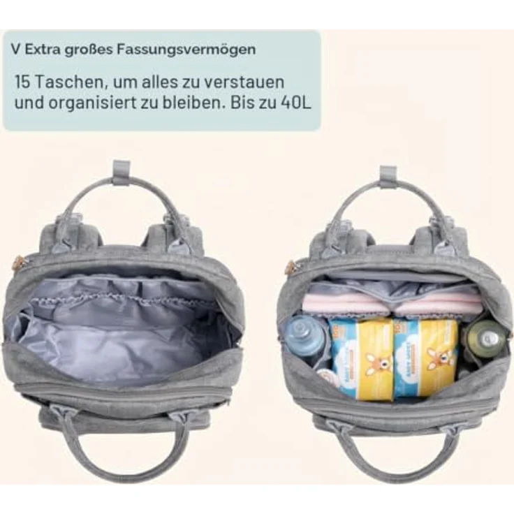 BabbleRoo Extra Große Wickelrucksack, Erweiterbare Babytasche mit bis zu 50% mehr Kapazität, inklusive Wickelunterlage, Kinderwagenbefestigung & Schnullertasche – Unisex – Bild 3