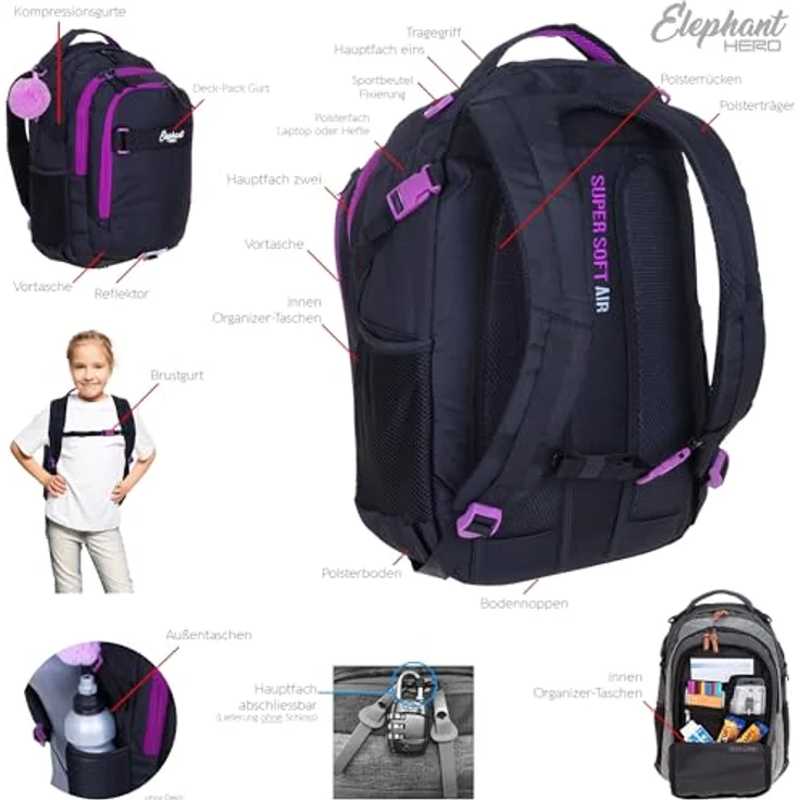Elephant HERO Signature 2, 3 Teile Set Schulrucksack Lila mit Laptopfach, Sporttasche und Mäppchen – Bild 5