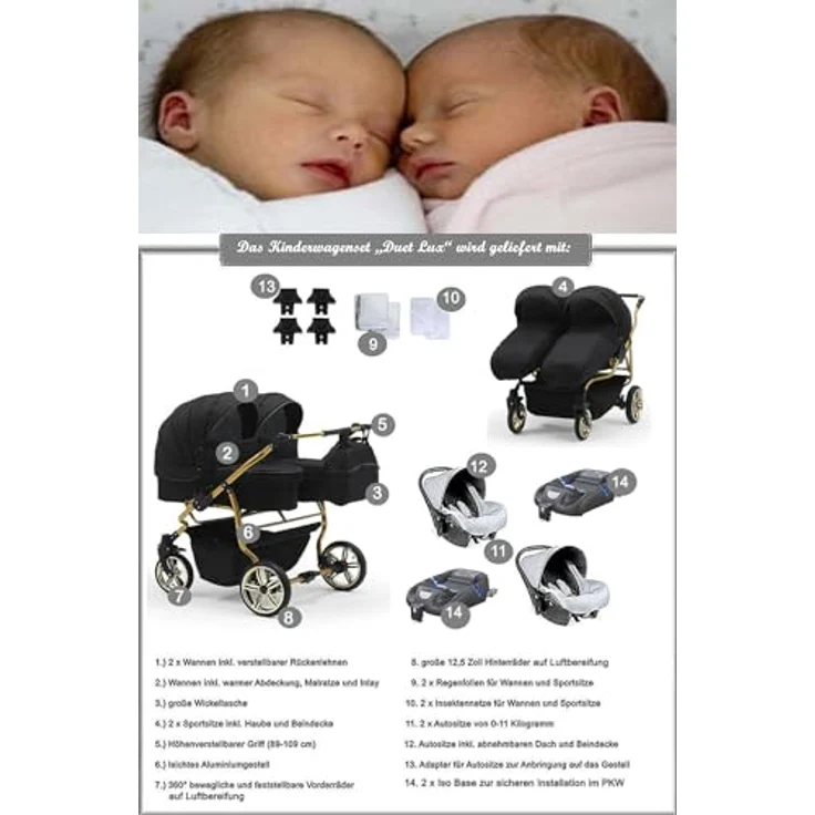 Elcar Zwillingskinderwagen 5 in 1 Duet Lux Goldedition inkl. Autositze und Iso Bases - 14 Teile - in 20 Farben – Bild 5