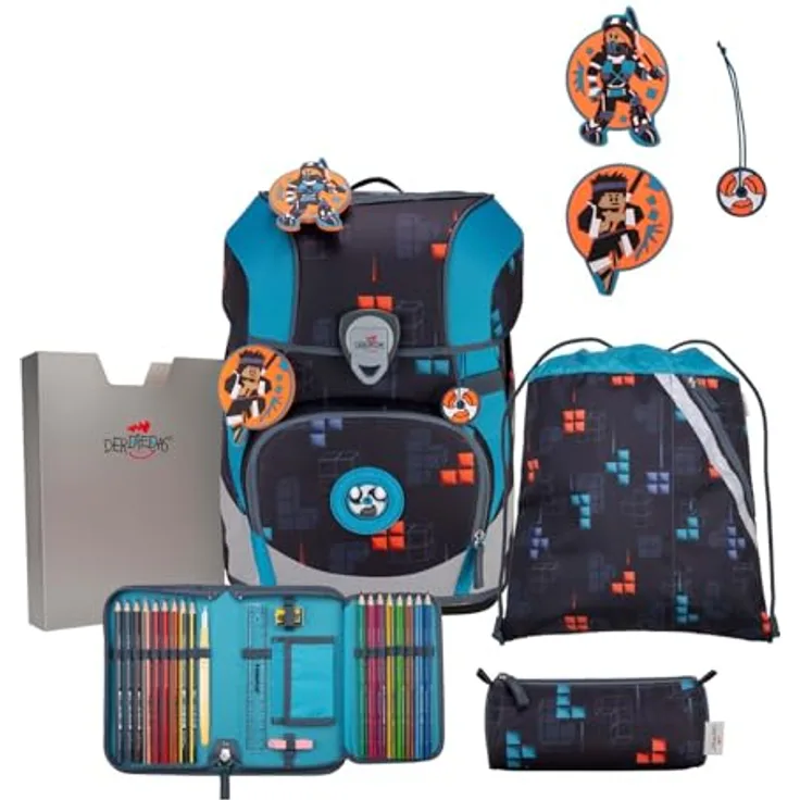 DerDieDas ErgoFlex Tiny Schulranzenset 5-teilig Ninja Fighter, ergonomisch geformt, atmungsaktive Gurte, Maße: 28 x 38 x 22 cm