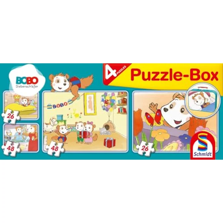 Schmidt Spiele Bobo Siebenschläfer Puzzle im Metallkoffer, 4 Kinderpuzzles mit 2x26 und 2x48 Teilen, bunt, empfohlen ab 4 Jahren, exklusiv bei Amazon – Bild 3