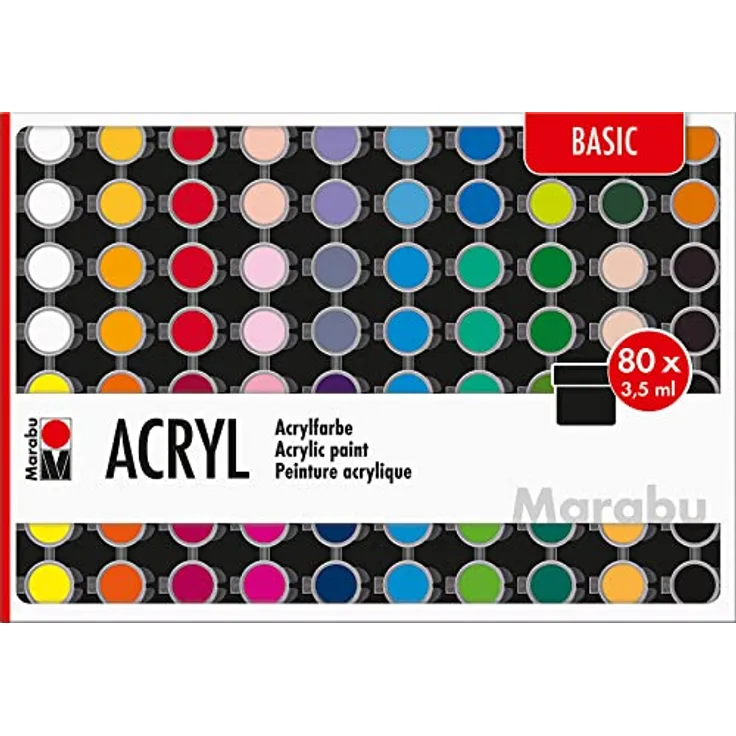 Marabu Großes Einsteigerset Acrylfarben Basic, 80 x 3,5 ml, wasserbasiert, wasserfest, lichtbeständig, schnelltrocknend für Keilrahmen, Papier, Pappe, Holz