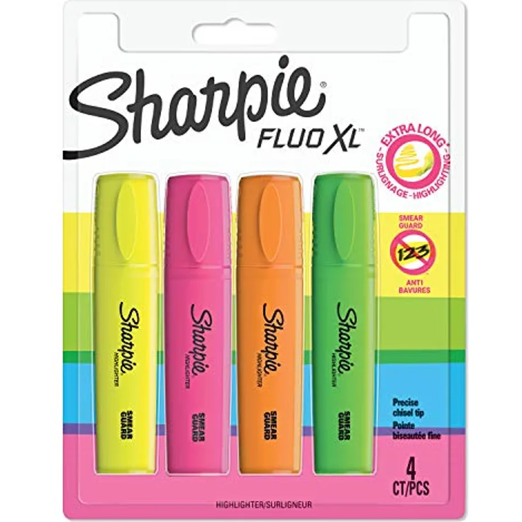 Sharpie Fluo XL Textmarker | Keilspitze | gemischte fluoreszierende Farben | 4 Stück